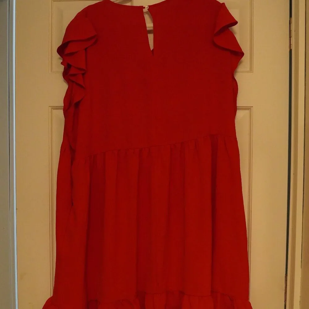 Jodifl Red Ruffle Sleeve Dress 2X V-Neck Tiered Shift Dress - Picture 4 of 4